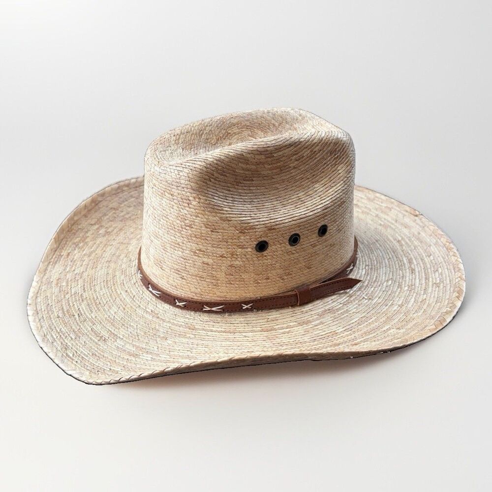 Atwood Hereford Low Crown Palm Leaf Straw Cowboy Hat Western Vent Eyelets Size 6
